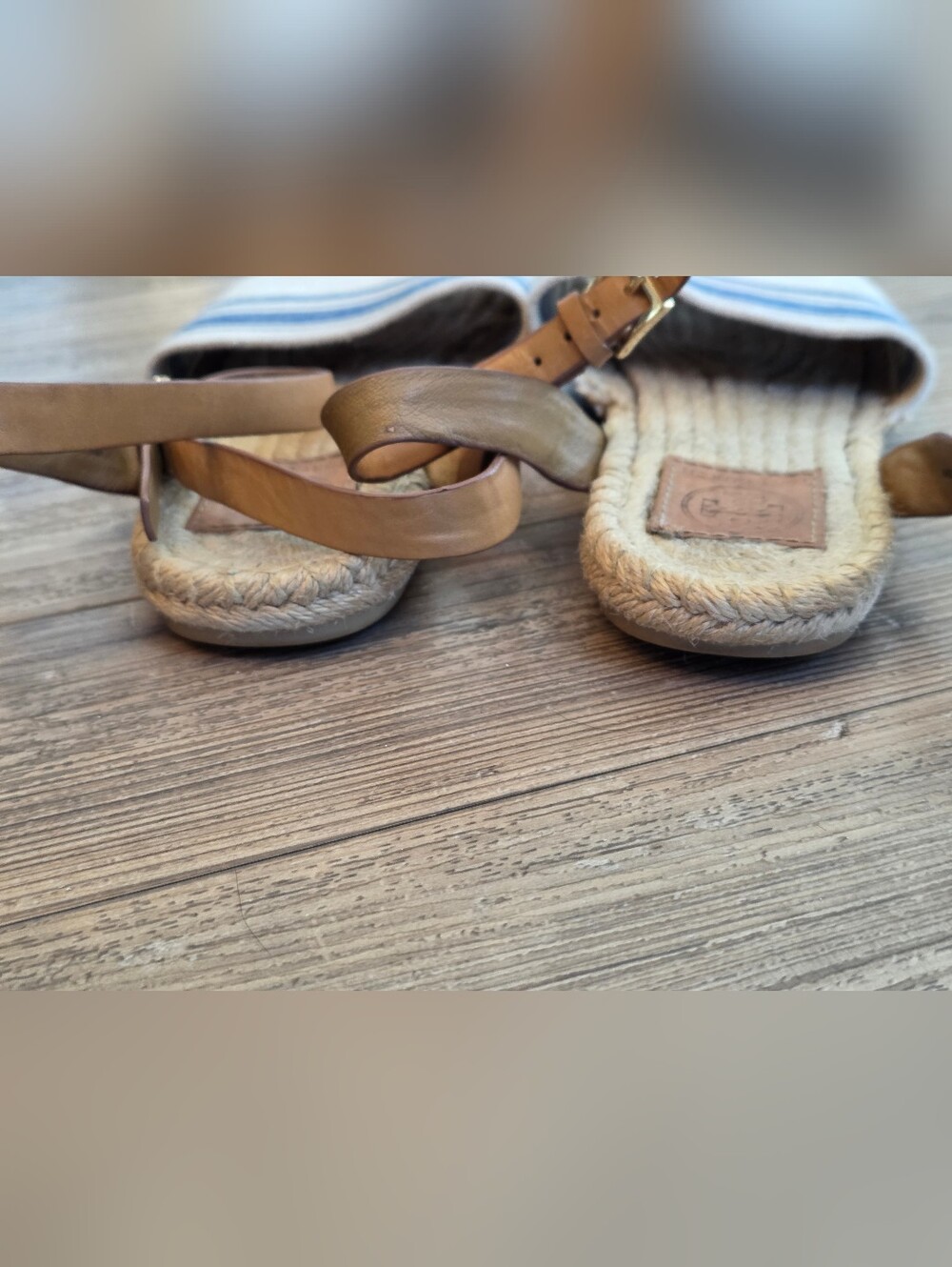 Tory Burch Blue-Striped Canvas Espadrille Sandals with Tan Leather Straps - Picture 3 of 6